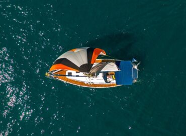 Pipit from above, flying the orange gennaker