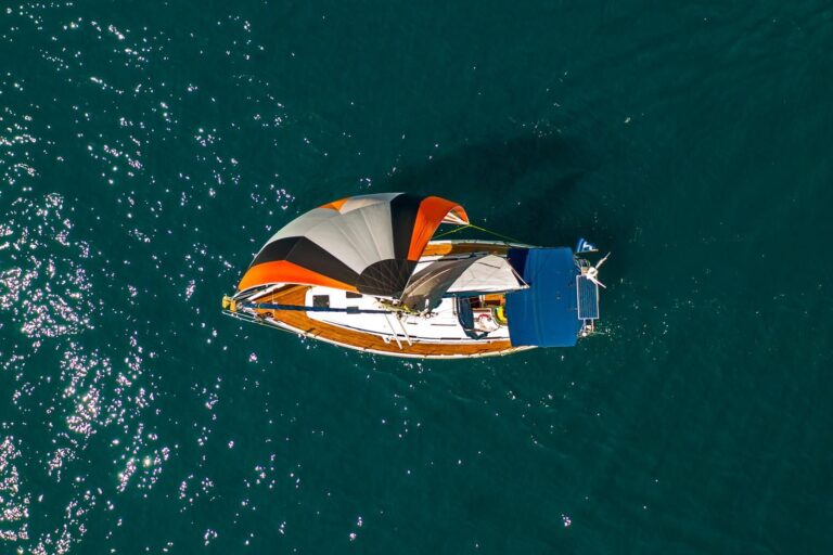 Pipit from above, flying the orange gennaker